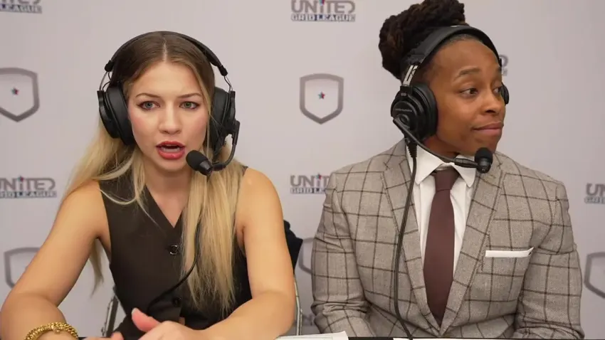 The commentary desk during the United Grid League championship broadcast